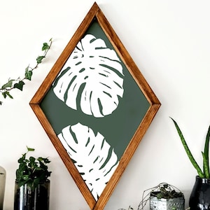 Monstera Wood Wall Art, Wood Sign, Home Decor Flower, Diamond Wood Sign, Botanic wood wall art, bohemian decoration, Monstera wooden image 5