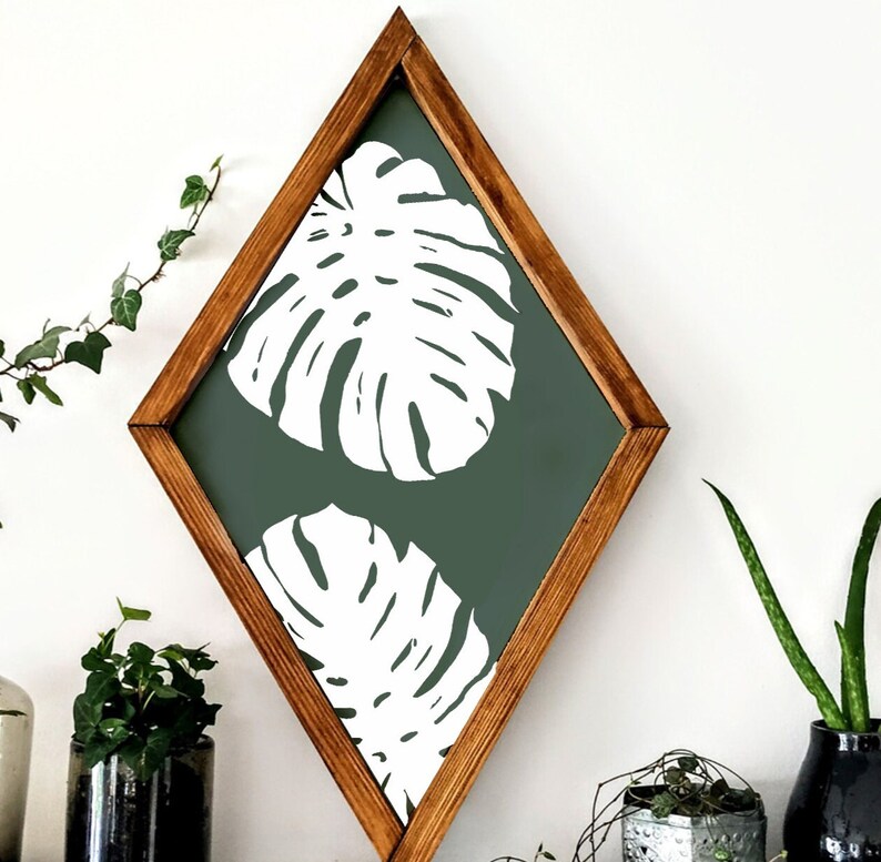 Monstera Wood Wall Art, Wood Sign, Home Decor Flower, Diamond Wood Sign, Botanic wood wall art, bohemian decoration, Monstera wooden image 5