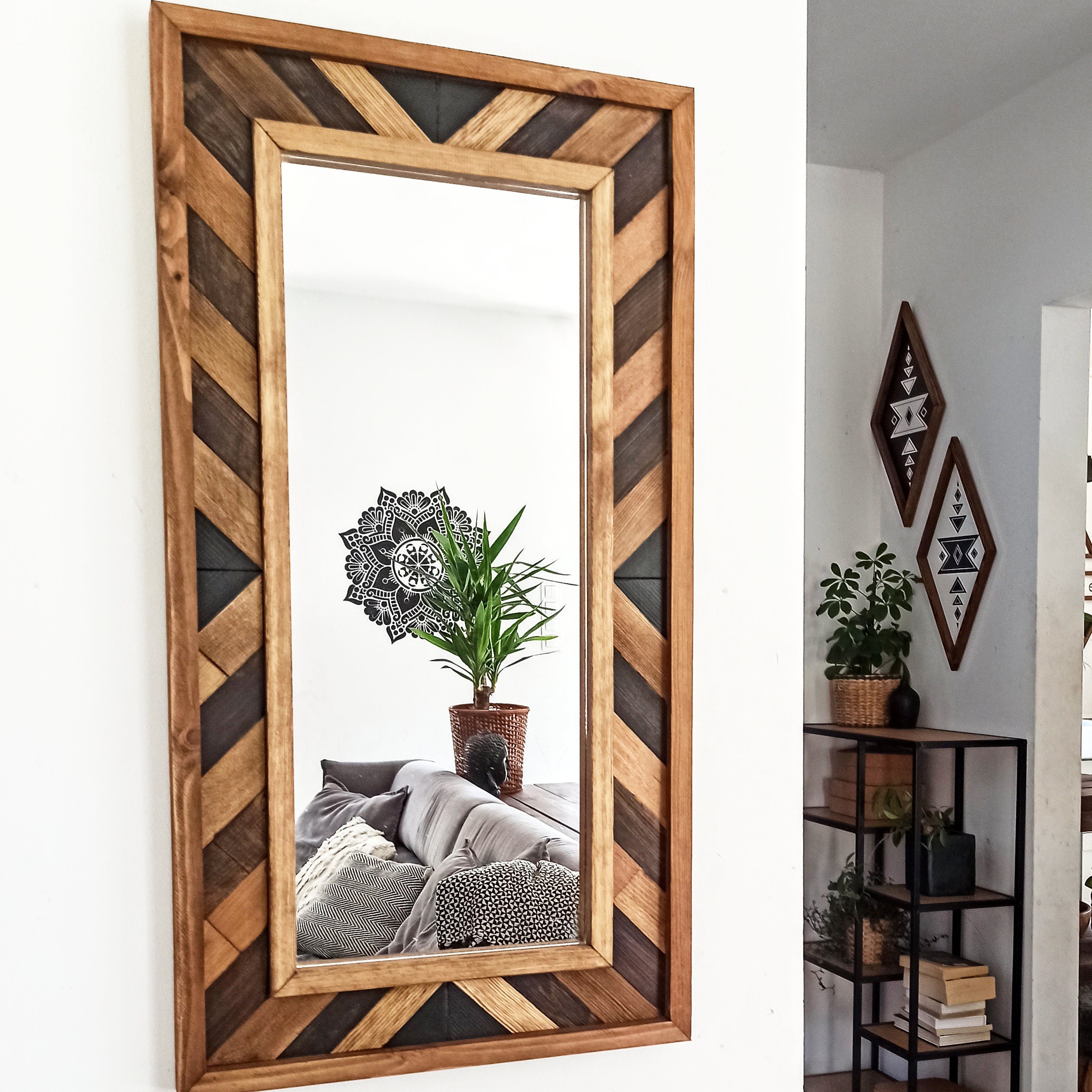 Aztec Wood Frame Mirror: Boho Wall Hanging (33x17