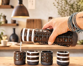 Handmade Ceramic Sake Set – Japanese Style Carafe and Cups – Rustic Pottery Gift