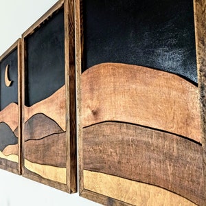 Rustic Moonscape Wood Wall Art: Hand Carved Triptych