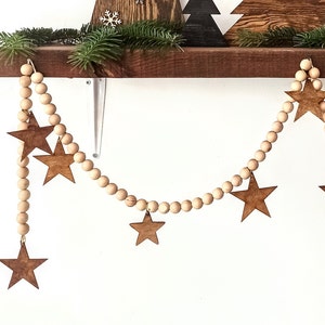 WOOD Christmas Garland,Boho Garland, Christmas Yarn Garland, Christmas Decor, Rustic Christmas,Scandi Style Christmas Decor, Handmade Wooden image 1