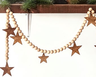 WOOD Christmas Garland,Boho Garland, Christmas Yarn Garland, Christmas Decor, Rustic Christmas,Scandi Style Christmas Decor, Handmade Wooden