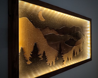 3D Led forest wall art framed, LED mountain wall art, Neon wood wall art, Lighted Mountain Art, Large Mountain Wall Art ,MOON wood wall art