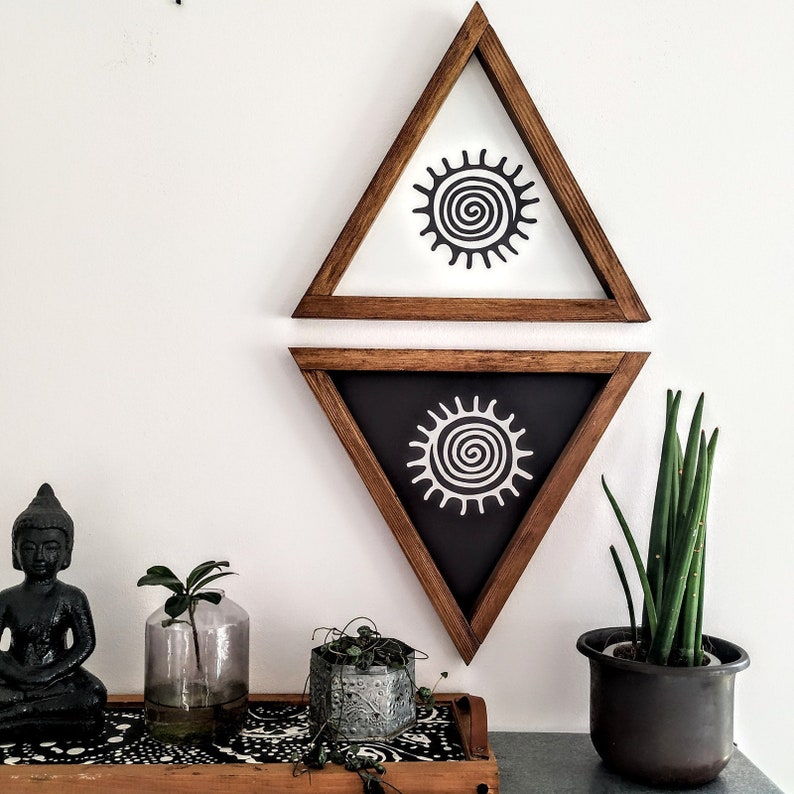 SET of 2 Wood Sign, Aztec Triangle, Wood Sign, Wood Wall Art, Wall Hangings, Home Decor, Spiral Triangle Wood Sign image 1