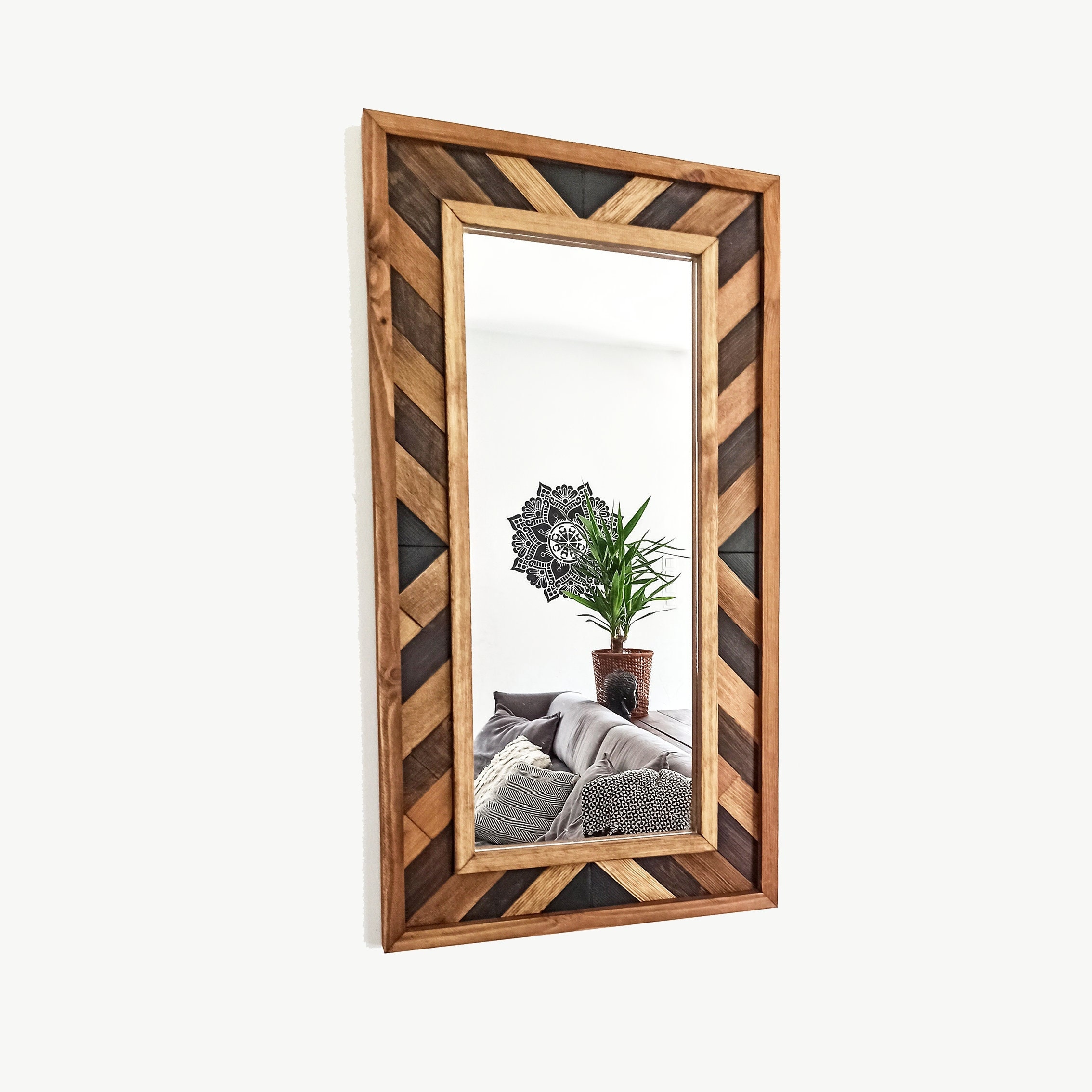 Aztec Wood Frame Mirror: Boho Wall Hanging (33x17