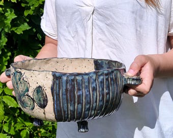 Large Handmade Ceramic Serving Bowl, Rustic Floral Stoneware Tureen, Botanical Design, Housewarming Gift