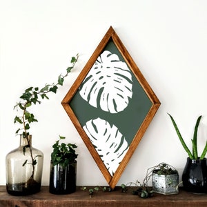 Monstera Wood Wall Art, Wood Sign, Home Decor Flower, Diamond Wood Sign, Botanic wood wall art, bohemian decoration, Monstera wooden image 8