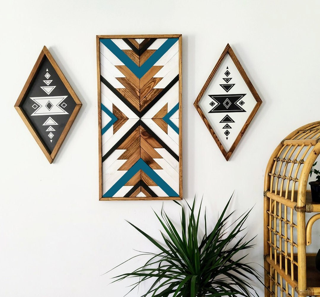 16x32 AZTEC Wood Wall Art, Petrol Blue, Wood Wall Art, Boho Art, Aztec
