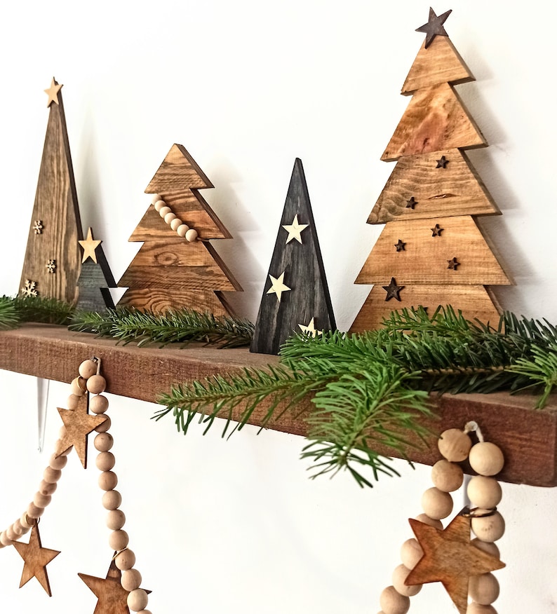 WOOD Weihnachtsgirlande, Boho Girlande, Weihnachtsgarn-Girlande, Weihnachtsdekor, rustikale Weihnachten, Scandi-Weihnachtsdekoration, handgefertigt aus Holz Bild 5