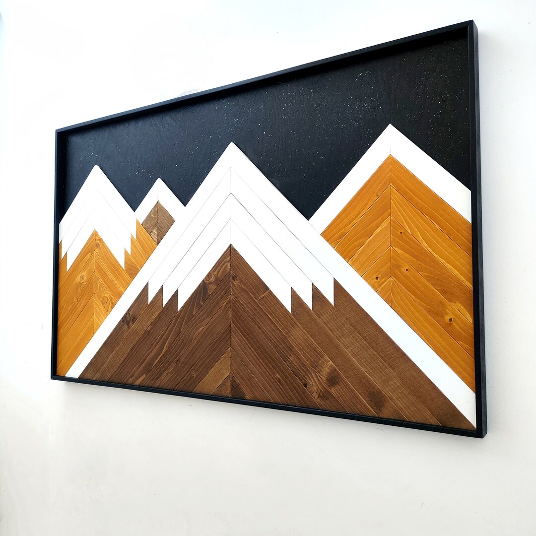 Mountain Wall Art Wood, Wood Wall Art Black Frame, Geometric Mountains ...