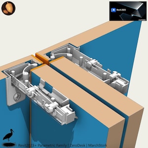 May include: A detailed 3D architectural rendering of a cabinet door hinge mechanism. The mechanism is shown in detail, with various components in shades of grey and beige. The background is blue, and the text "Revit 2023" is visible.