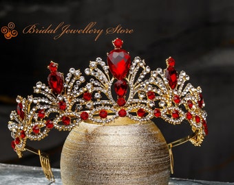 GOLD Red Crystal Bridal Tiara Red Crystal Bridal Tiara, Bronze Wedding Crown, Pearl  main image 3