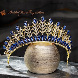 Bridal Tiara, Gold Tiara, Bridal Crown, Color Tiara, Wedding Hair Accessory, Wedding Headpiece, Bridal Hairpiece, Blue Crystals Crown !!!