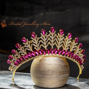 Bridal Tiara, Gold Tiara, Bridal Crown, Color Tiara, Wedding Hair Accessory, Wedding Headpiece, Bridal Hairpiece, Pink Crystals Crown !!!