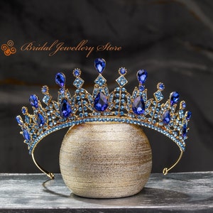 Bruids tiara, gouden tiara, bruidskroon, kleurtiara, bruiloft haartoebehoren, bruiloft zendspoel, bruidshaarstuk, blauwe kristallen kroon!!!