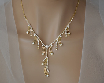 Crystal Bridal Jewelry Set, Gold Plated Wedding Necklace and Earrings