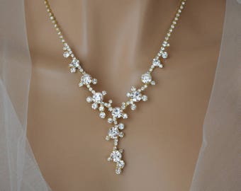 Gold Rhinestone Bridal Jewelry Set, Wedding Necklace and Earrings, Gift Box