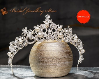 Bridal Tiara,Silver Tiara,Pearl Bridal Crown,Pearl Wedding Tiara,Pearl Wedding Hair Accessory,Wedding Headpiece,Pearl Crown,Bestseller!!!