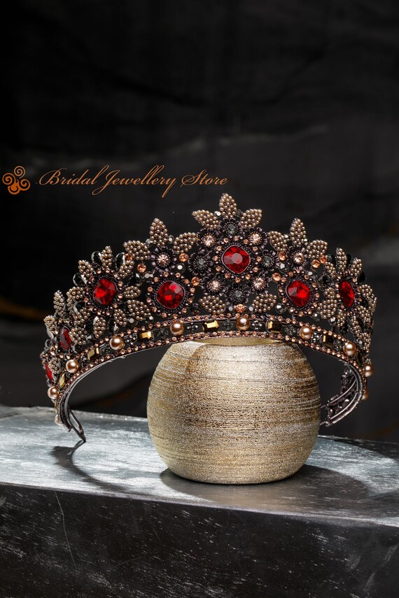 Red Crystal Bridal Tiara, Bronze Wedding Crown, Pearl 