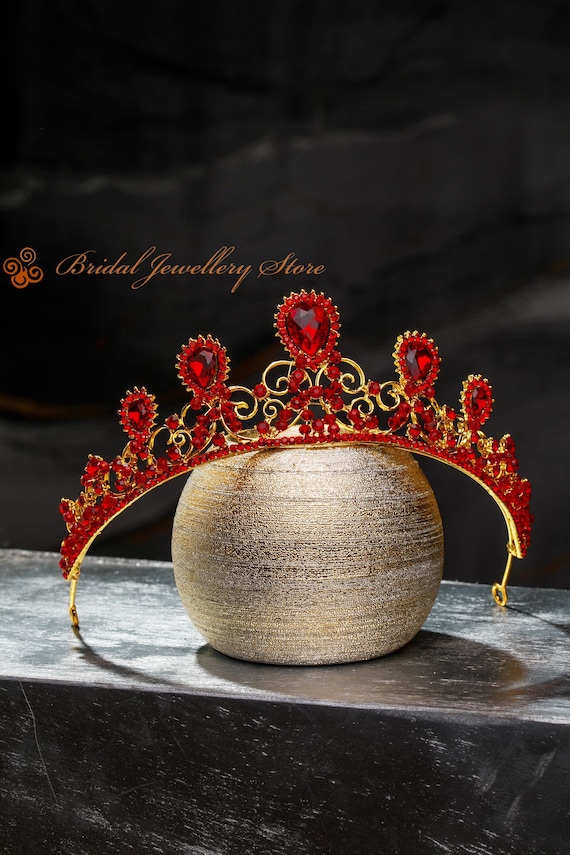 GOLD Red Crystal Bridal Tiara Golden Red Floral Crown Celestial Goddess Headpiece Bridal  main image 3