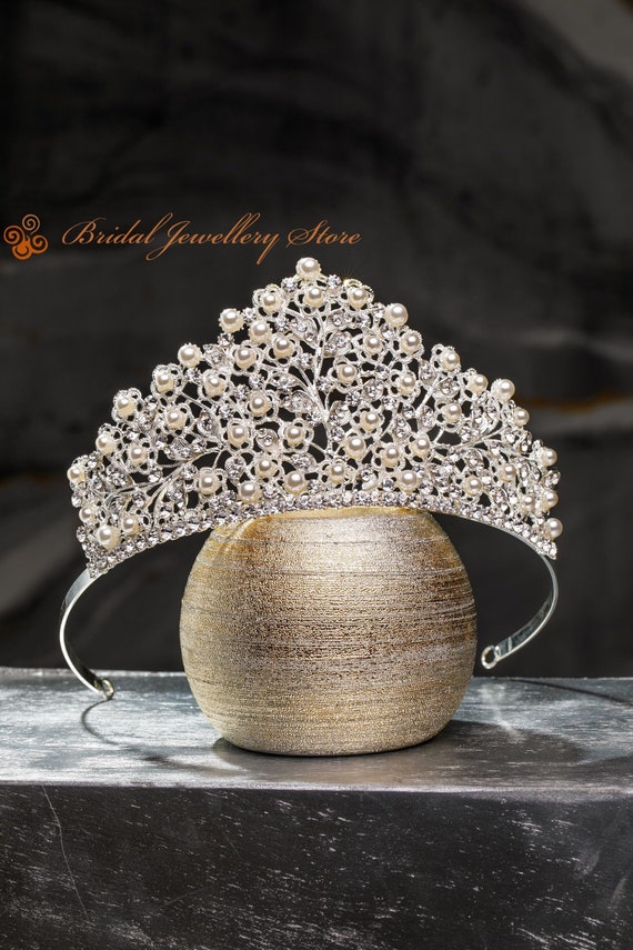 Diamond Rhinestone and Pearl Crown Diana Pearl Rhinestone Crown Silver – CrownDesigners main image 2