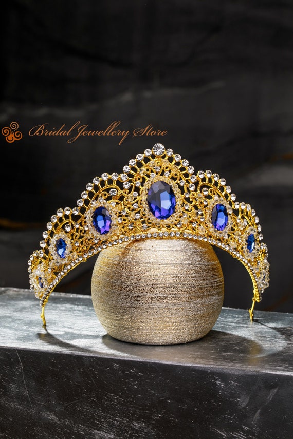 Gold Bridal Tiara, Blue Crystal Wedding Crown, Hair  display picture 1