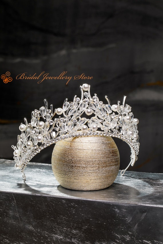 Pearl and Crystal Bridal Tiara - Silver Wedding Hair Accessories | Elegant Pearl & Crystal Bridal  main image 3