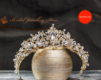 Crystal Bridal Tiara: Gold Wedding Hairpiece, Gift Box Set