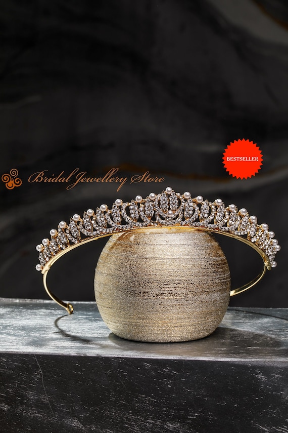 Pearl Bridal Tiara: Gold Wedding Crown, Rhinestone Hairpiece  display picture 3