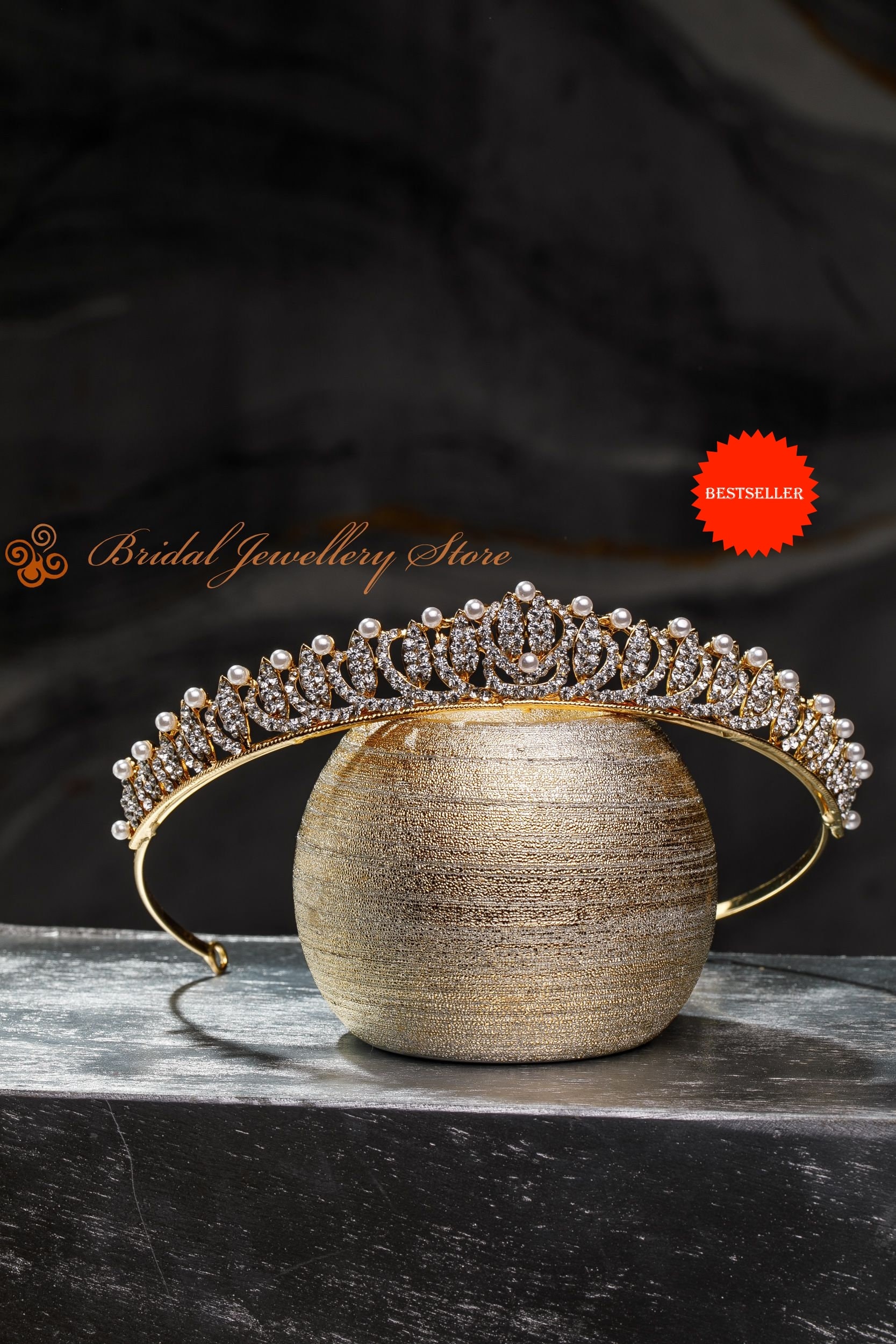 Gold Pearl and Crystal Bridal Tiara - Elegant Wedding Headpiece Golden Pearl Headpiece Elven Bridal Crown Celestial Goddess  main image 2