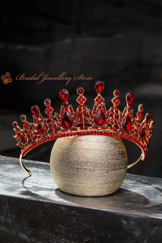 Gold Tiara with Red Crystal Accents - Elegant Women’s Headpiece Red Elven Crystal Tiara, Flame-inspired Gold Circlet  main image 2