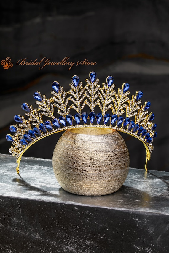 Blue Crystal Bridal Tiara: Gold Wedding Hairpiece - Etsy display picture 2
