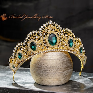 Bridal Tiara, Gold Tiara, Bridal Crown, Color Tiara, Wedding Hair Accessory, Wedding Headpiece, Bridal Hairpiece, Emerald Crystals Crown!