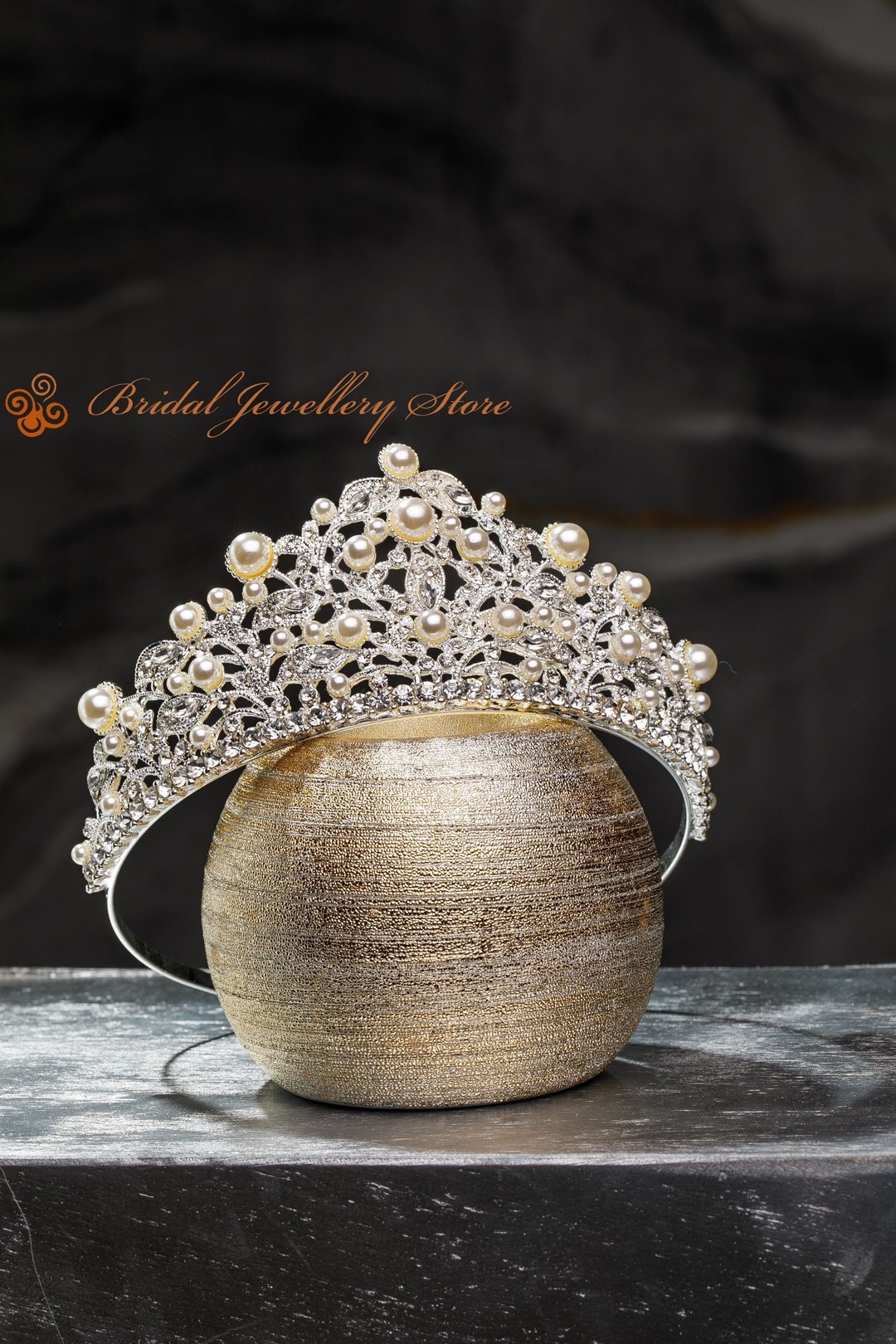 Barocco Crown Bridal Hair Accessory Antique Brass Teal Tiara Pearl main image 1