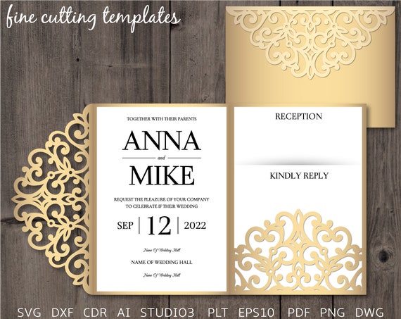 Download Paper Party Supplies Templates Digital Download Cameo Cutting Files Cricut Svg Dxf Studio3 Wedding Invitation Svg Tri Fold 5x7 Pocket Envelope Svg Cutting Template