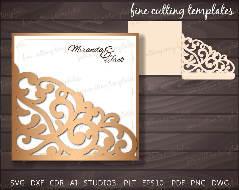 laser cut Wedding Invitation Pocket Envelope template for cutting Digital Instant Download, patterned corner svg, dxf, eps10, studio3