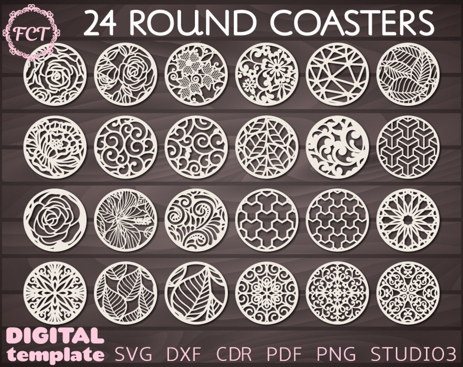 Round coasters svg paper cut wood coaster templates panel Etsy