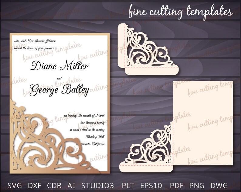 Download Silhouette Cameo Svg Dxf Studio3 Laser Cut Wedding Invitation Svg Template Set 5x7 And 5 7x5 7 In Tri Fold Card 12 Pieces For Cricut Paper Paper Party Supplies Kromasol Com