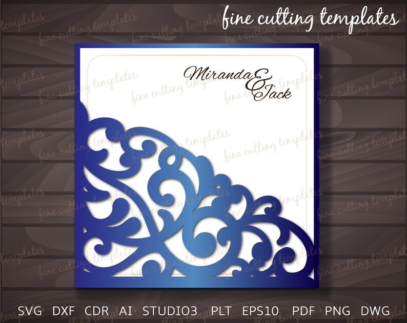 laser cut Wedding Invitation Pocket Envelope template for cutting Digital Instant Download, patterned corner svg, dxf, eps10, studio3