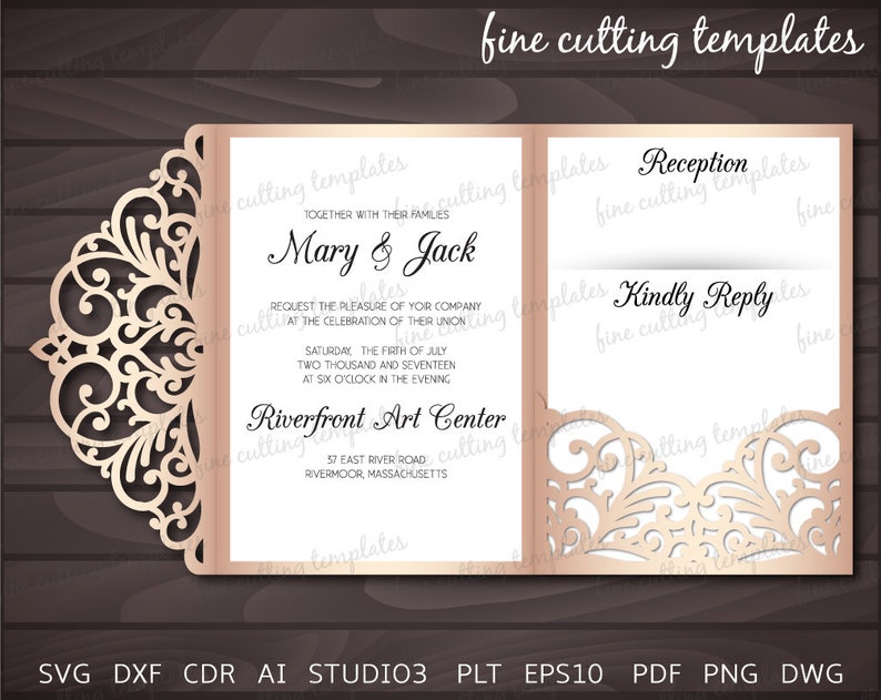 Download Paper Invitations Announcements Silhouette Cameo 5x7 And 5 7x5 7 In Svg Dxf Studio3 Laser Cut Wedding Invitation Svg Template Set 9 Pieces For Cricut Tri Fold Card