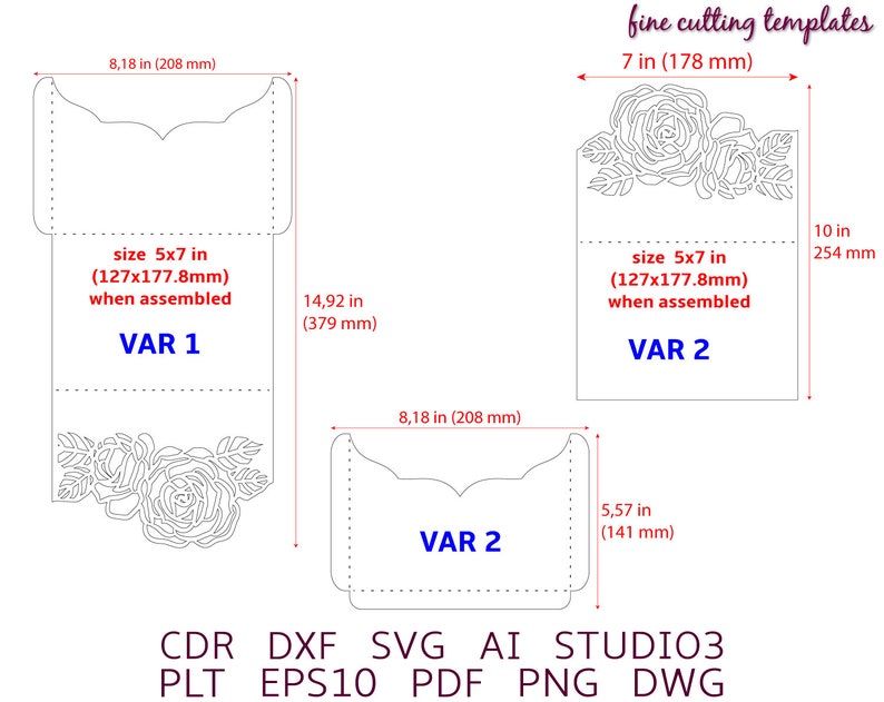 Download Wedding Invitation 5x7 Pocket Envelope with roses SVG template | Etsy