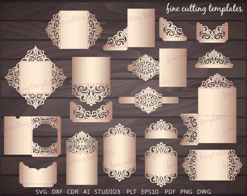 Download Paper Paper Party Supplies Tri Fold Card Svg Dxf Studio3 12 Pieces For Cricut Silhouette Cameo 5x7 And 5 7x5 7 In Laser Cut Wedding Invitation Svg Template Set