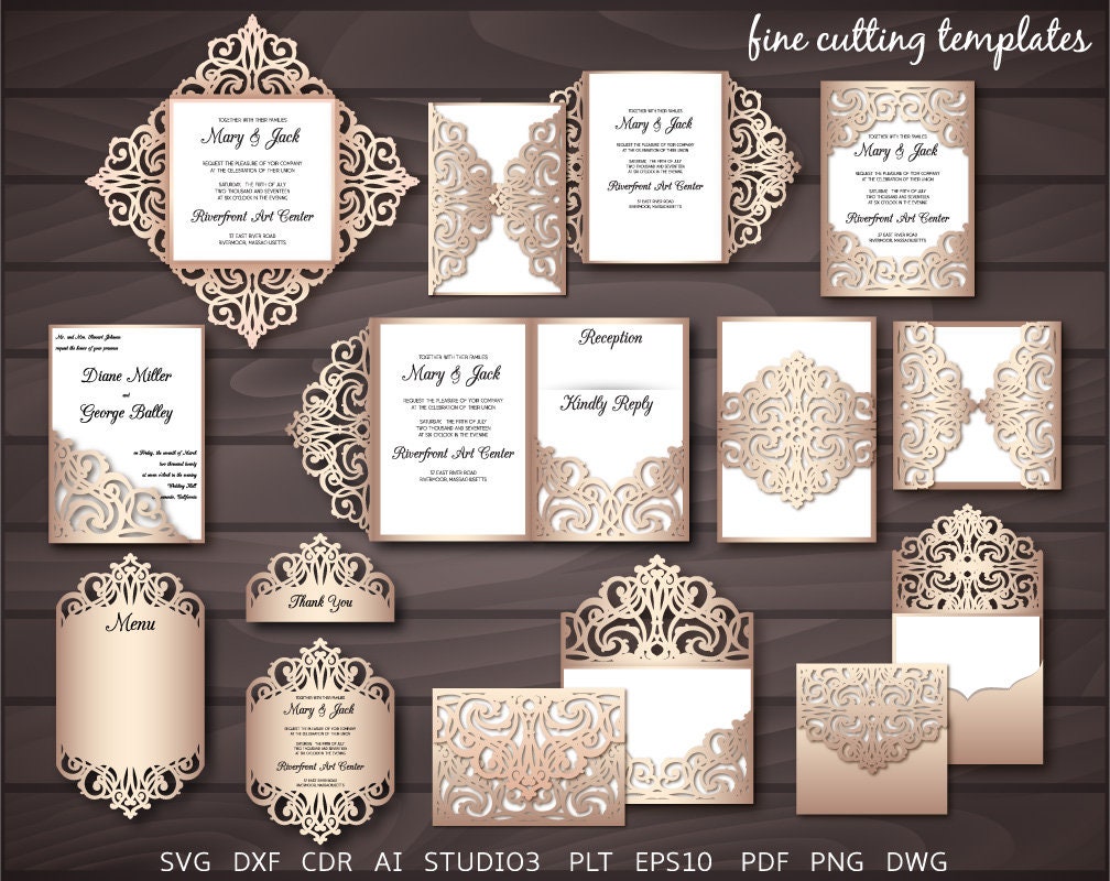 Download Laser cut Wedding Invitation SVG template set 5x7 and 5 ...