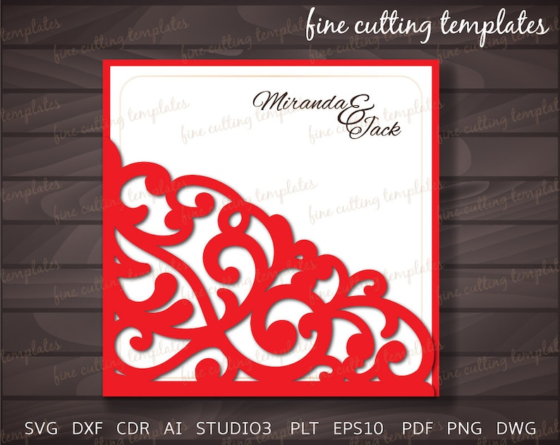 laser cut Wedding Invitation Pocket Envelope template for cutting Digital Instant Download, patterned corner svg, dxf, eps10, studio3