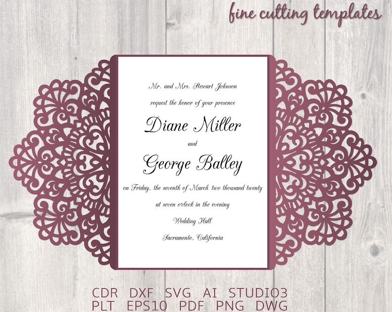 Download Laser Cut Wedding Invitation Svg Template Set 9 Pieces For Cricut Silhouette Cameo Tri Fold Card 5x7 And 5 7x5 7 In Svg Dxf Studio3 Templates Paper Party Supplies Leadcampus Org