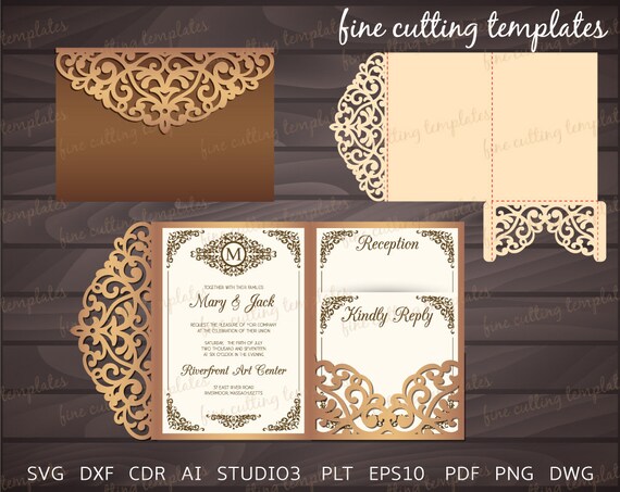 Download Cricut Wedding Invitation Tri Fold Pocket Envelope 5x7 Svg Template Cameo Cutting Files Laser Or Die Cutting Svg Dxf Studio3 Paper Paper Party Supplies