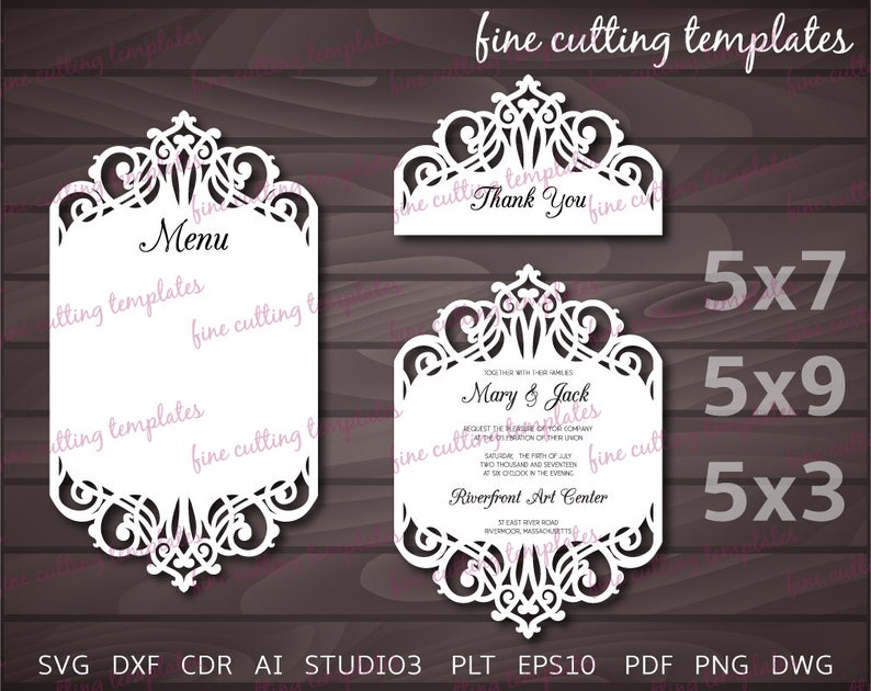 Download Digital Download Svg Dxf Studio3 5x7 5x3 With Lace Pattern Laser Cut Wedding Invitation Card Svg Templates 5x9 Cameo Cricut Paper Party Supplies Invitations Announcements