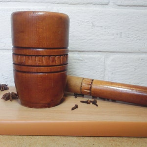 Kitchen mortar and pestle. Wooden mortar and pestle. Vintage spices masher. Herb grinding bowl. Kitchen shelf decor. Natural cookware.