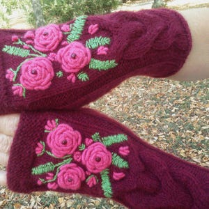 Embroidered Knit Fingerless Gloves: Wool Blend Arm Warmers